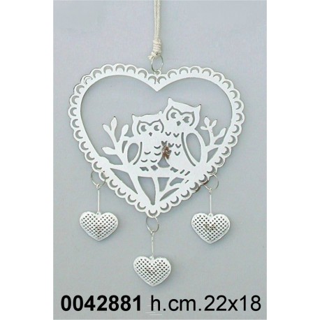 Pendaglio Cuore C/Coppia Gufi E 3 Cuori Bianconr. Cm22 Ad154160*Disp.11/2014*