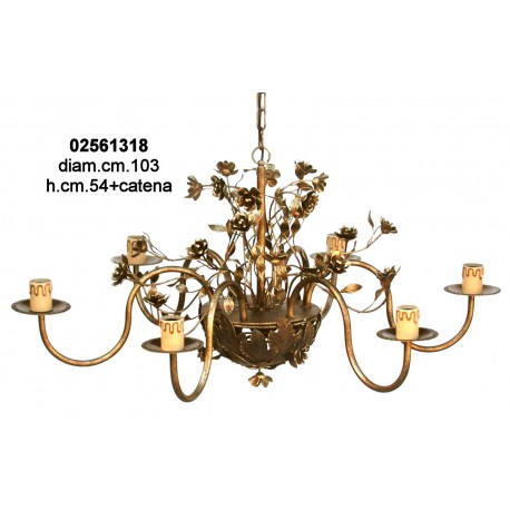 Lampadario Ferro 6 L. Fiori Elettr.Col. Oro